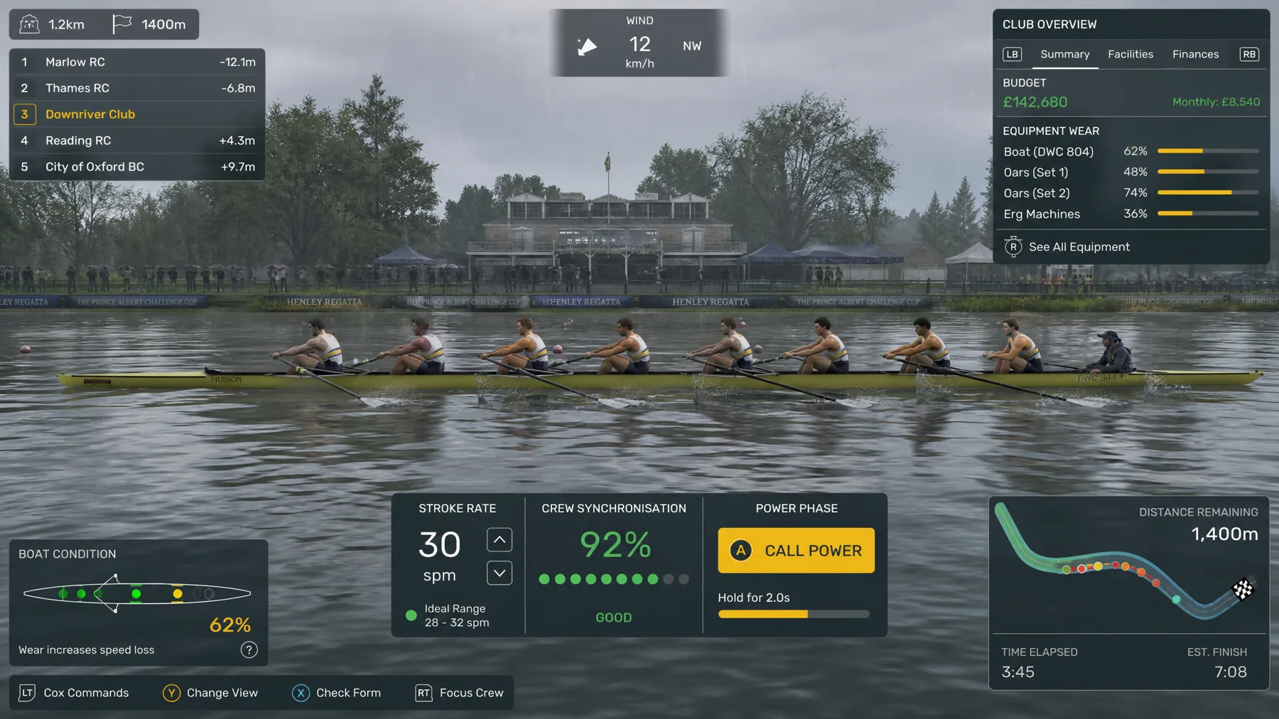 Tactical rowing race with stroke rate, crew synchronisation, wind, boat condition and rival positions.