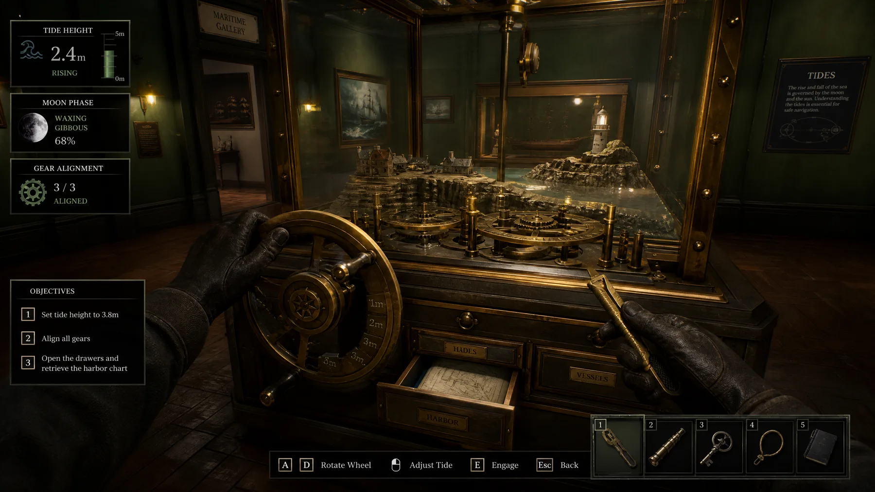 A first-person museum puzzle rotates a brass tide mechanism with moon phase and gear HUD.